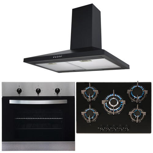 SIA Black Single Electric True Fan Oven, 5 Burner Gas Hob And Chimney Hood Fan