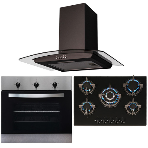 SIA Stainless Steel Single Oven, 70cm Black 5 Burner Gas Hob And Curved Hood Fan