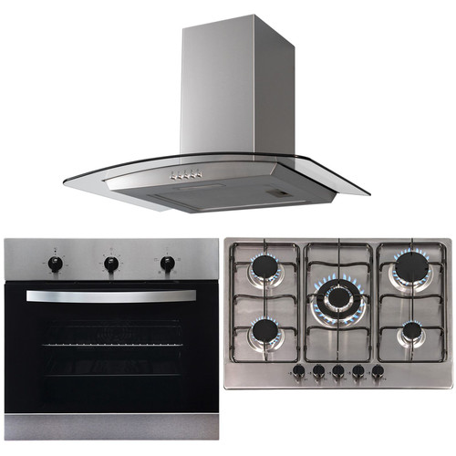 SIA 60cm Stainless Steel Single Electric Oven, 70cm Gas Hob &Curved Glass Hood