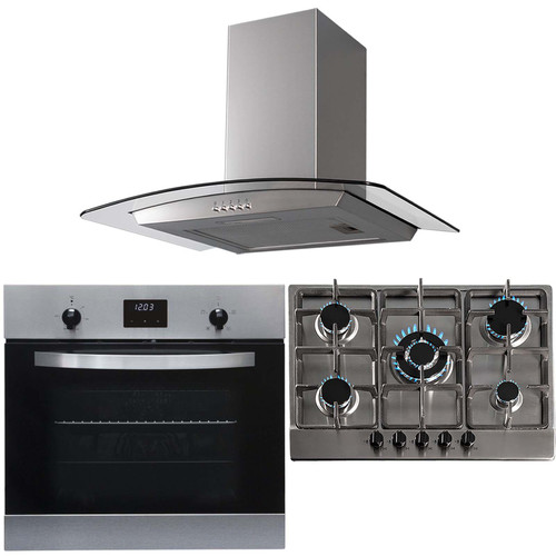 SIA 60cm Stainless Steel Electric Single Oven, 70cm Gas Hob And Curved Hood Fan