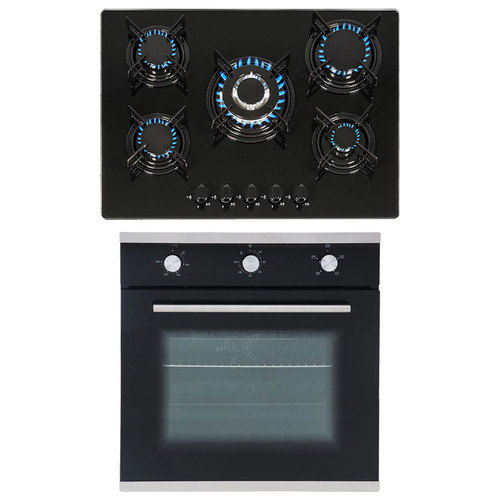 SIA 60cm Black True Fan Single Electric Oven And 70cm 5 Burner Gas On Glass Hob