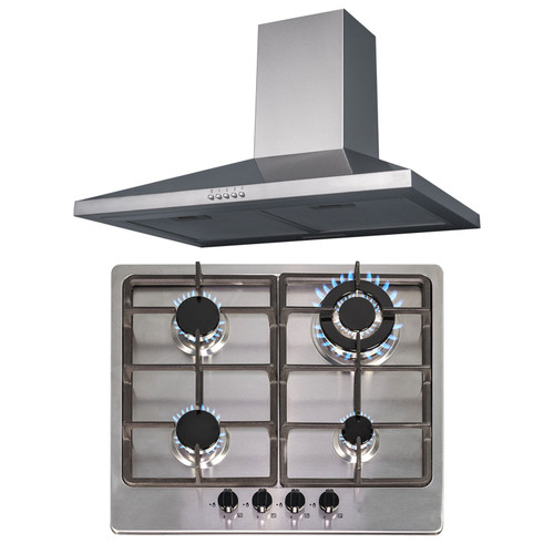 SIA 60cm Stainless Steel 4 Burner Gas Hob And Chimney Cooker Hood Extractor Fan