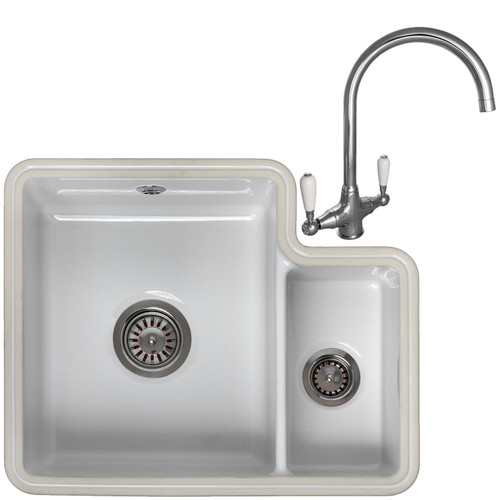 Reginox Tuscany 1.5 Bowl White Gloss Ceramic Undermount Kitchen Sink & Mixer Tap