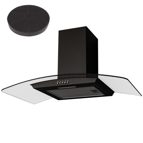 SIA CGH90BL 90cm Black Curved Glass Chimney Cooker Hood Extractor Fan And Filter