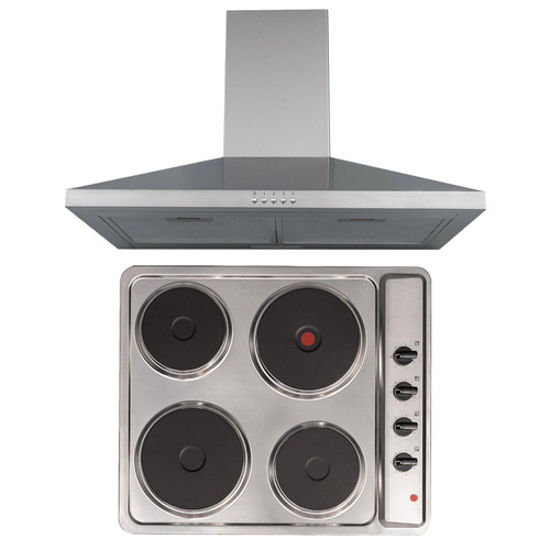 SIA 60cm Stainless Steel 4 Zone Solid Plate Electric Hob & Chimney Cooker Hood