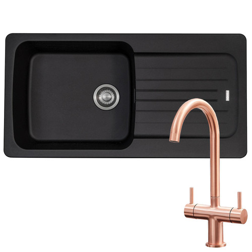 Franke Aveta 1 Bowl Black Tectonite Kitchen Sink & Modern Copper Twin Mixer Tap