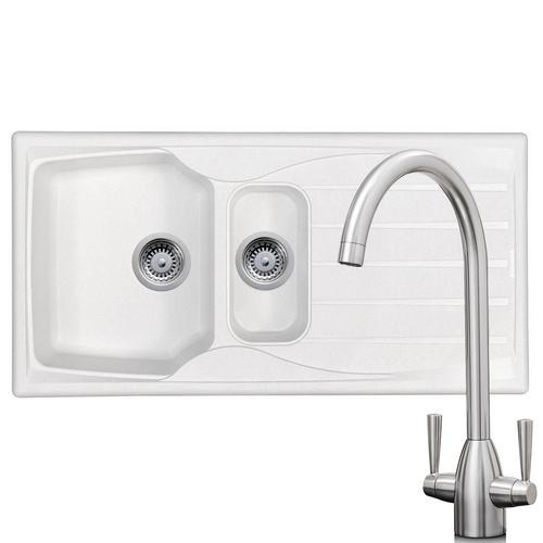 Astracast Sierra 1.5 Bowl White Kitchen Sink & SIA Brushed Nickel Mixer Tap