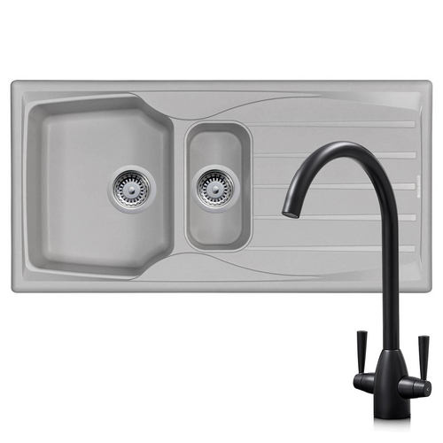 Astracast Sierra 1.5 Bowl Light Grey Kitchen Sink & Black Twin Lever Mixer Tap