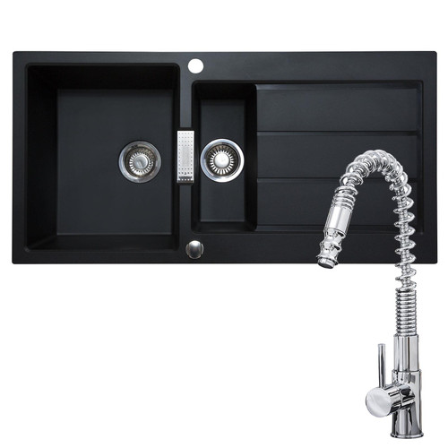 Franke 1.5 Bowl Black Reversible Composite Kitchen Sink & Chrome Pull Out Tap