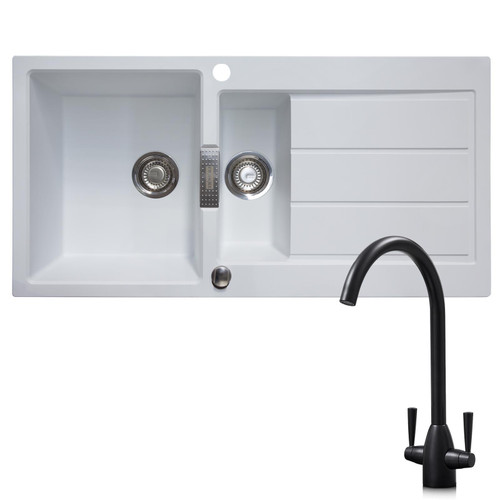 Franke 1.5 Bowl White Reversible Kitchen Sink & Twin Lever Black Swan Neck Tap