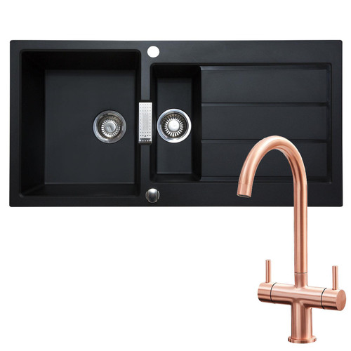 Franke 1.5 Bowl Black Reversible Composite Kitchen Sink & Copper Twin Lever Tap