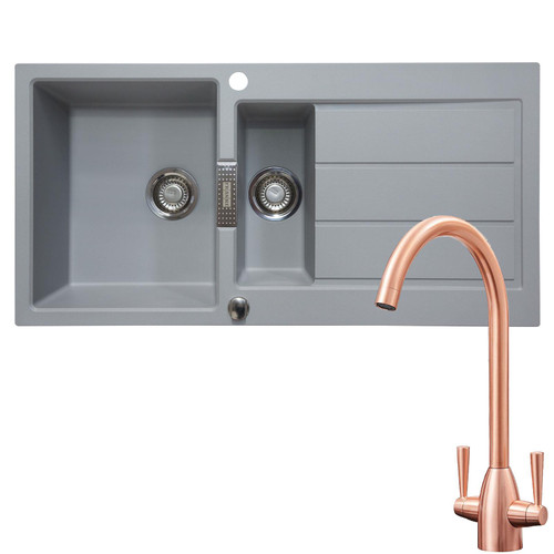 Franke 1.5 Bowl Stone Grey Reversible Composite Kitchen Sink & KT5CU Copper Tap