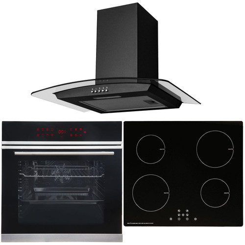 60cm Black Touch Control Pyrolytic Single Fan Oven, Induction Hob & Curved Hood