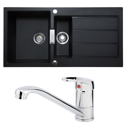 Franke 1.5 Bowl Black Reversible Composite Kitchen Sink & Chrome Mixer Tap