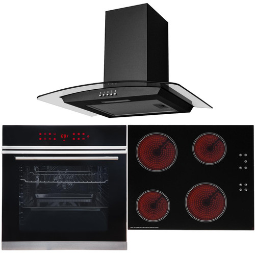 Black Touch Control 13 Function Single Fan Oven, 60cm Ceramic Hob & Curved Hood