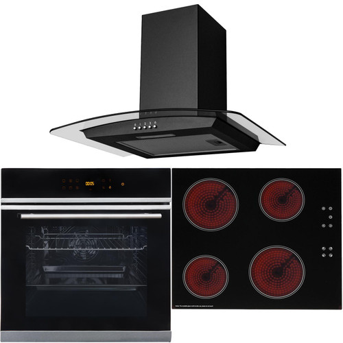 Black Touch Control 10 Function Single Fan Oven, 60cm Ceramic Hob & Curved Hood