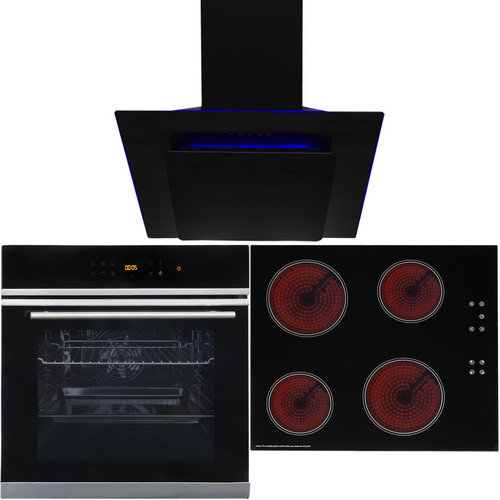 Black Touch Control 10 Function Single Fan Oven, 60cm Ceramic Hob & Angled Hood