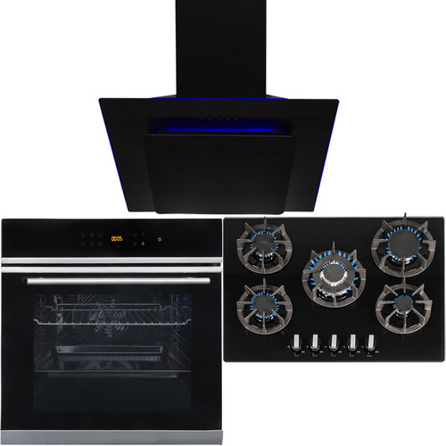 Black 10 Function Single Fan Oven, 5 Burner 70cm Gas Hob & Angled Cooker Hood