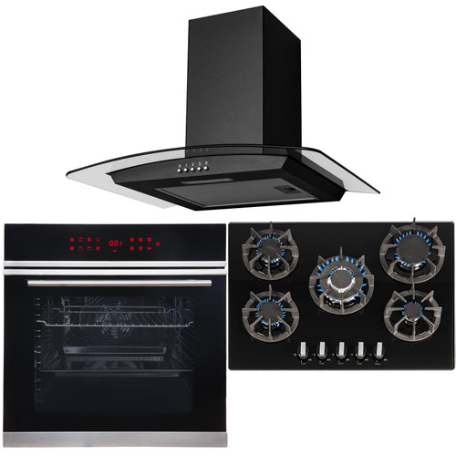 Black 13 Function Single Fan Oven, 5 Burner 70cm Gas Hob & Curved Cooker Hood