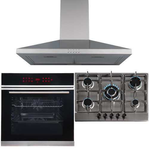 13 Function Single Fan Oven, 70cm 5 Burner Steel Gas Hob & Chimney Cooker Hood