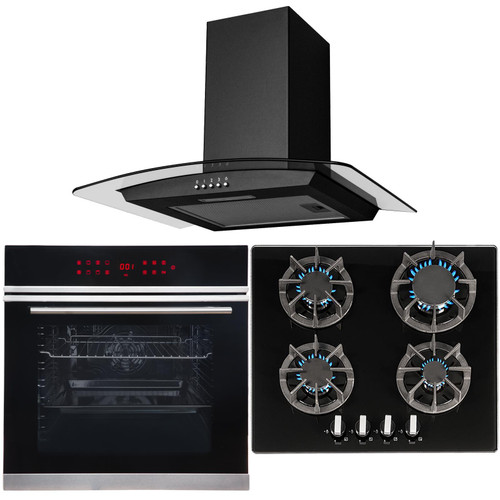 60cm Black 13 Function Single Digital Fan Oven, 4 Burner Gas Hob & Curved Hood