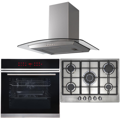 13 Function Single Oven, 70cm 5 Burner Stainless Gas Hob & Curved Cooker Hood