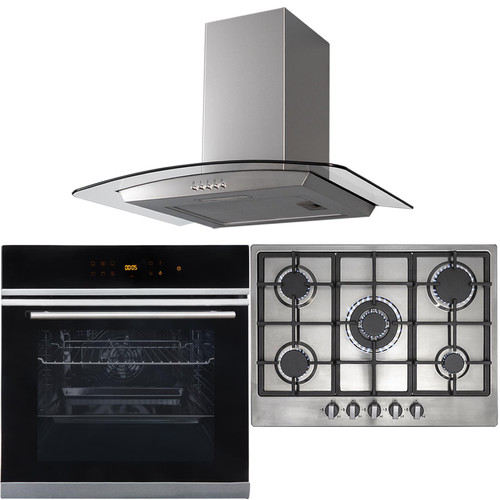 10 Function Single Oven, 70cm 5 Burner Stainless Gas Hob & Curved Cooker Hood