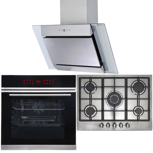 13 Function Single Oven, 70cm 5 Burner Stainless Gas Hob & Angled Cooker Hood