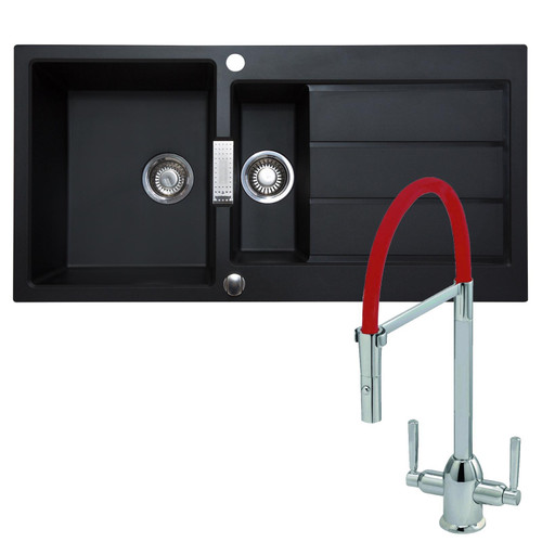 Franke 1.5 Bowl Black Reversible Composite Kitchen Sink & Red Flexible Hosed Tap