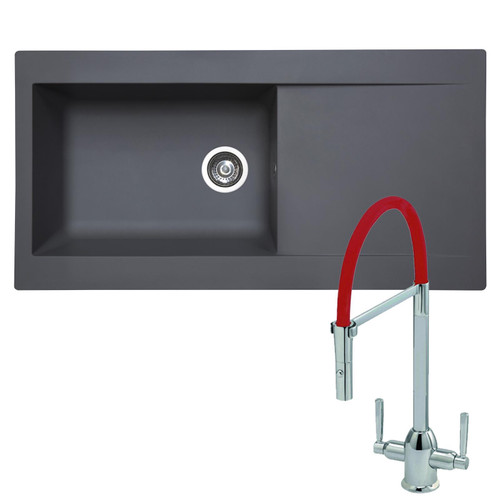 SIA 1.0 Bowl Grey Composite Reversible Inset Kitchen Sink & Red Flexible Tap