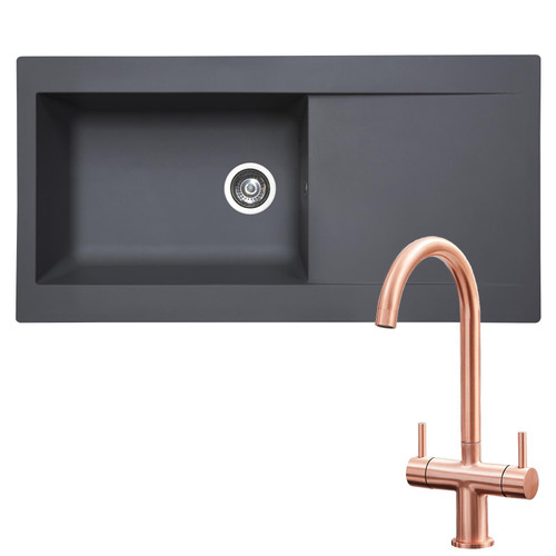 SIA 1.0 Bowl Grey Composite Reversible Inset Kitchen Sink & KT3CU Copper Tap