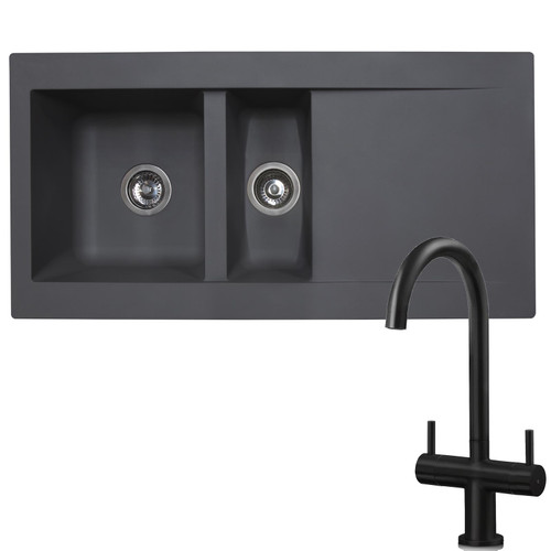 SIA 1.5 Bowl Grey Composite Reversible Inset Kitchen Sink & KT3BL Black Tap
