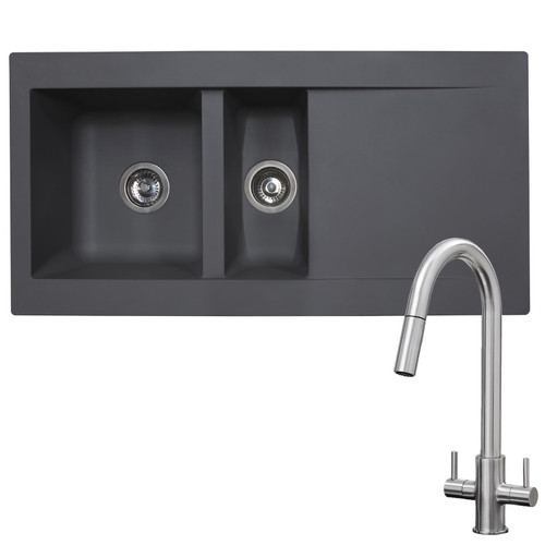 SIA 1.5 Bowl Grey Composite Reversible Inset Kitchen Sink & KT4BN Pull-out Tap