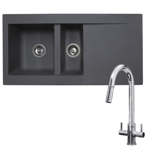 SIA 1.5 Bowl Grey Composite Reversible Inset Kitchen Sink & KT4CH Pull-out Tap