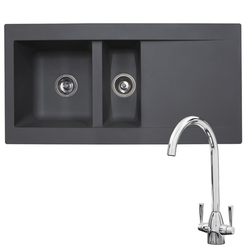 SIA 1.5 Bowl Grey Composite Reversible Inset Kitchen Sink & KT5CH Chrome Tap