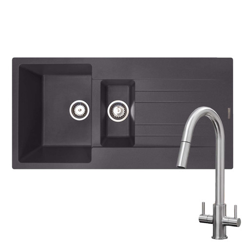 Reginox Hampton 1.5 Bowl Grey Silvery Granite Kitchen Sink & KT4BN Pull-out Tap