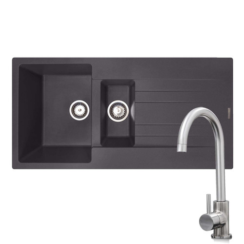 Reginox Hampton 1.5 Bowl Grey Silvery Inset Granite Kitchen Sink & KT6BN Tap