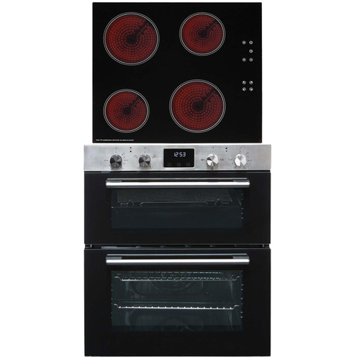 SIA 60cm Stainless Steel Double Built Under Fan Oven & 4 Zone Touch Ceramic Hob