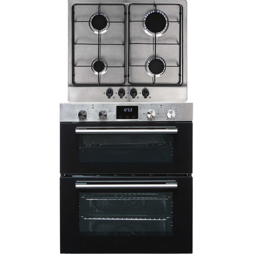 SIA 60cm Stainless Steel Built Under Double Electric Oven & 4 Burner Gas Hob