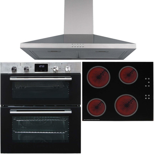 SIA 60cm Stainless Steel Double Built Under Oven, 4 Zone Ceramic Hob & Extractor