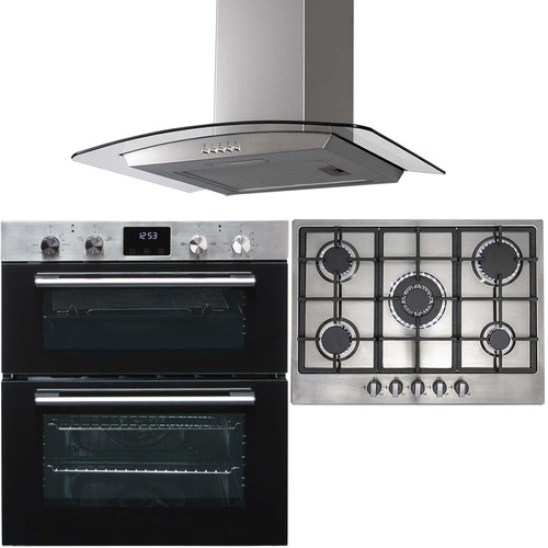 SIA 60cm Stainless Steel Double Built Under Oven, 70cm Gas Hob & Curved Hood