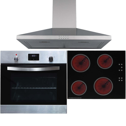 SIA 60cm Stainless Steel Digital Single Fan Oven, 4 Zone Ceramic Hob & Extractor
