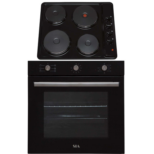 SIA 60cm Black Built In 71L Electric Single Fan Oven & 4 Zone Solid Plate Hob