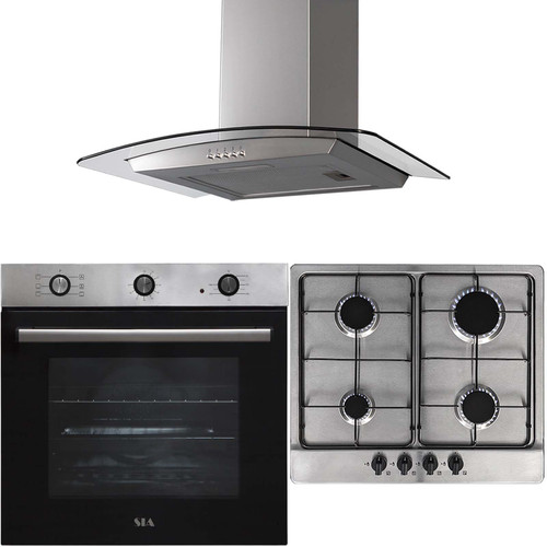 SIA 60cm Stainless Steel Single Fan Oven, 4 Gas Burner Hob & Curved Cooker Hood