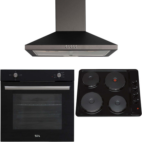 SIA 60cm Black Single Electric Oven, 4 Zone Plate Hob & Chimney Cooker Hood