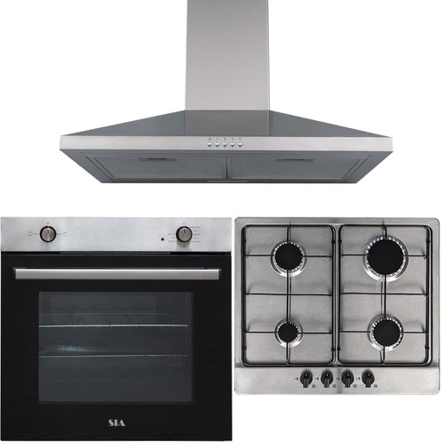 SIA 60cm Stainless Steel Single Electric Oven, 4 Gas Burner Hob & Chimney Hood