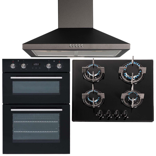 SIA 60cm Electric Double Oven, 4 Burner Gas Glass Hob & Chimney Cooker Hood Fan