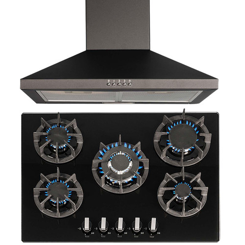 SIA 70cm 5 Burner Gas On Glass Hob With Cast Iron Supports & Chimney Cooker Hood