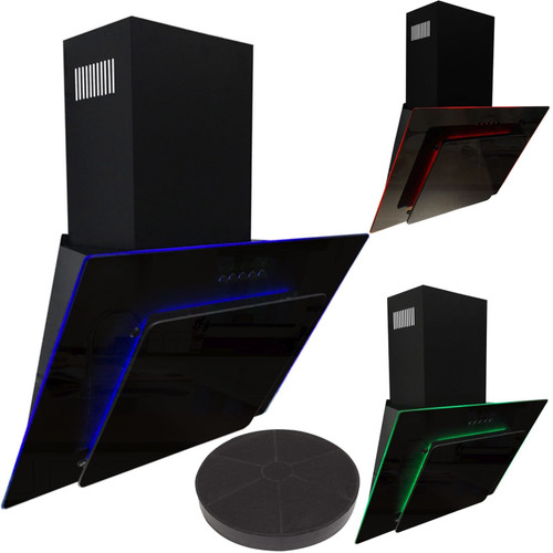 SIA 90cm Black 3 Colour LED Edge Lit Angled Glass Cooker Hood And Carbon Filter