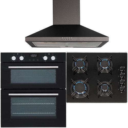 SIA 60cm Black Electric Double Fan Oven, 4 Burner Gas On Glass Hob & Cooker Hood